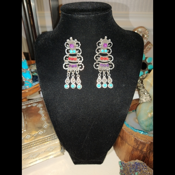🏜️Navajo 925 Sterling Silver Turquoise Red Jasper Amethyst Chandelier Earrings - Picture 2 of 13
